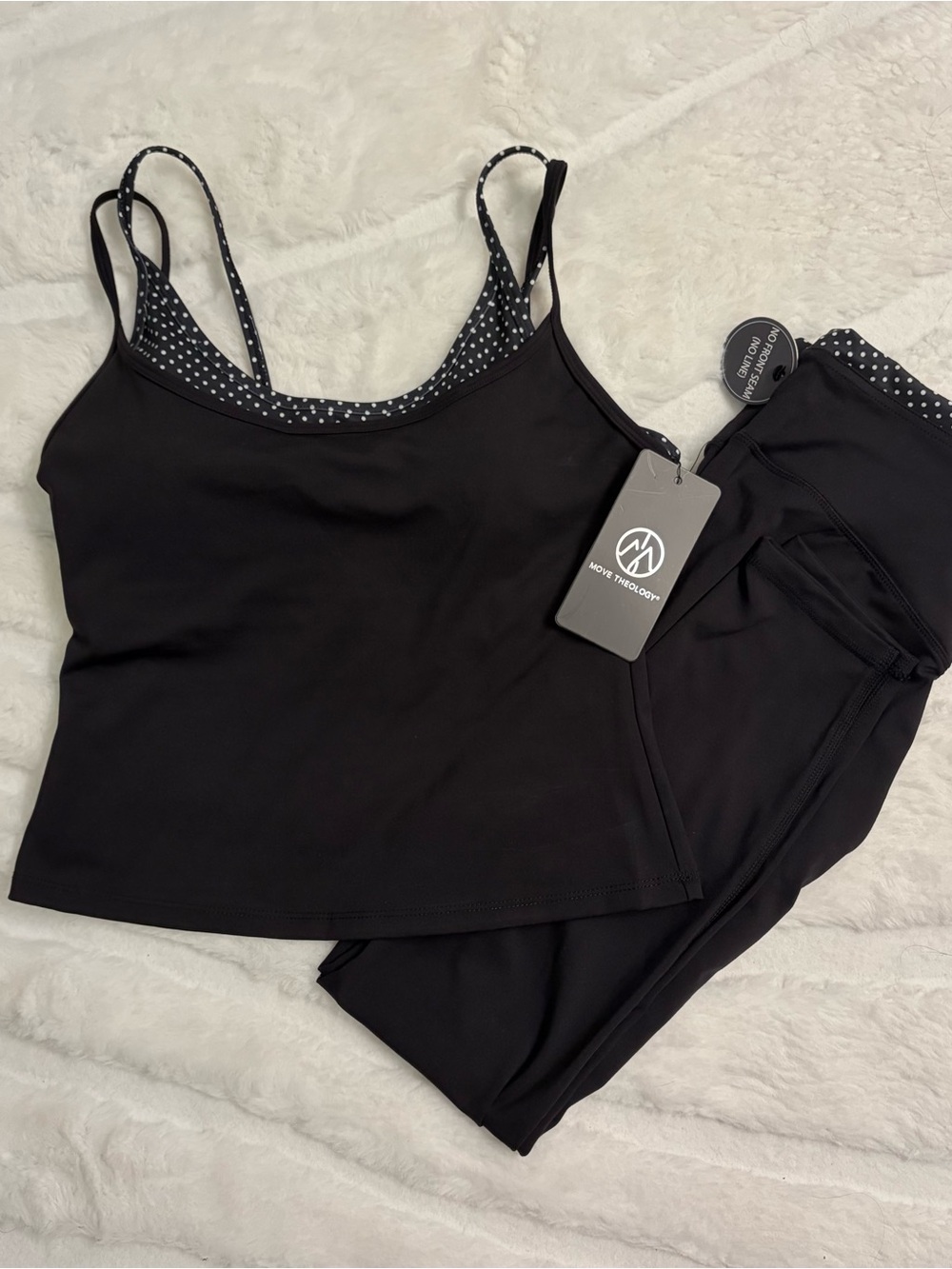 Move Theology Women's Black Double Layered Polka Dot Tank & Legging Workout Set